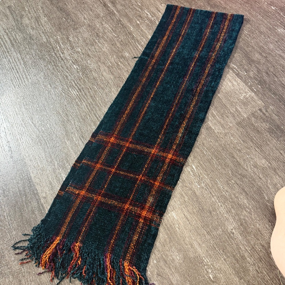 Churchill Handwoven Scarf Unisex OS Teal Orange Plaid Chenille Fringed Winter